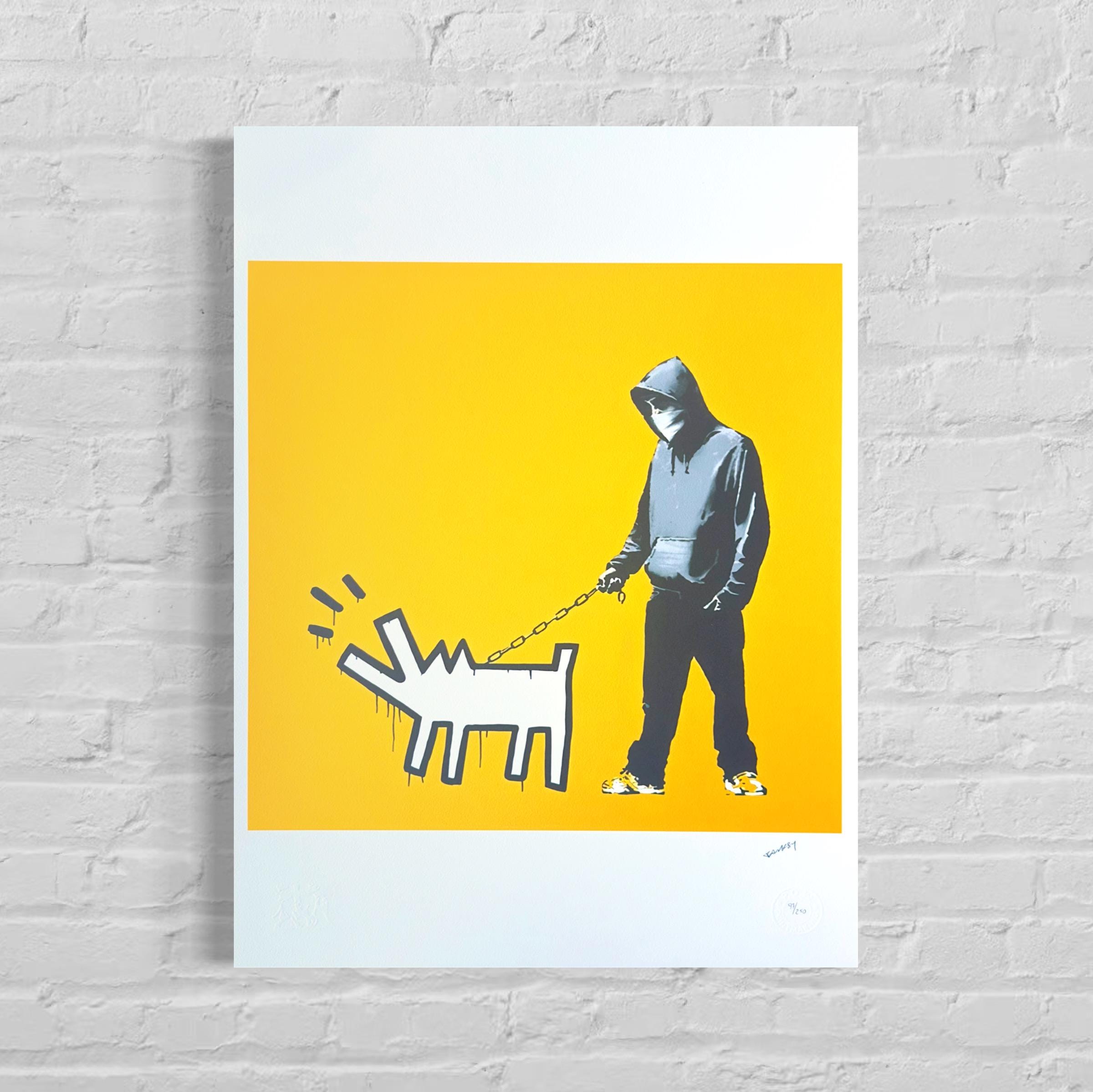 Genummerde editie BANKSY Barking dog (oker geel) Gesigneerd - certificaat - Wall Art, Grafitti Art, Lithograph, Stencil Art
